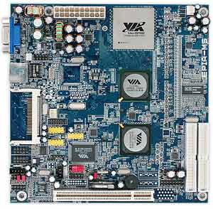 On-board VIA C3 processor, VIA CLE266 chipset, 1 SO-DIMM slot, 1 PCI, 1 CF, On-Board Audio, Video, LAN, USB. Mini-ITX.