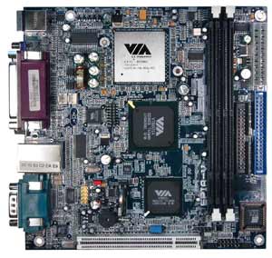 CIA C3 On-board processor, VIA PLE133 chipset, 1 PCI, 2 DIMM, On-board Audio, Video, LAN, USB. Mini ITX form factor.