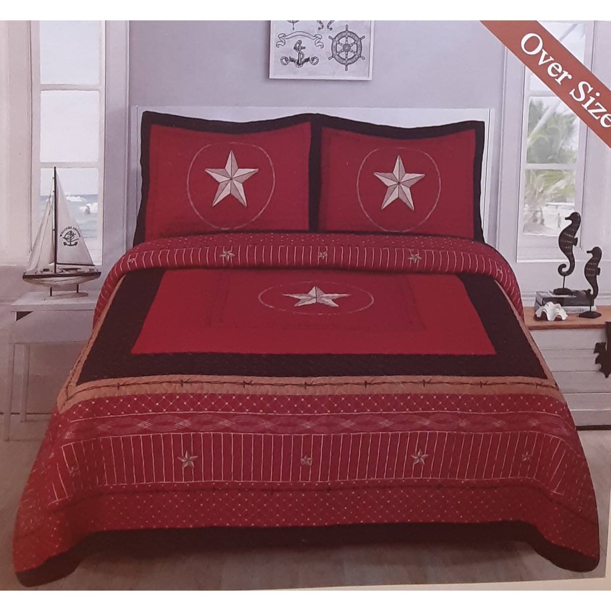 Western Design 3 Piece Quilted Bedspread Set, Stars and Barbed Wire Design