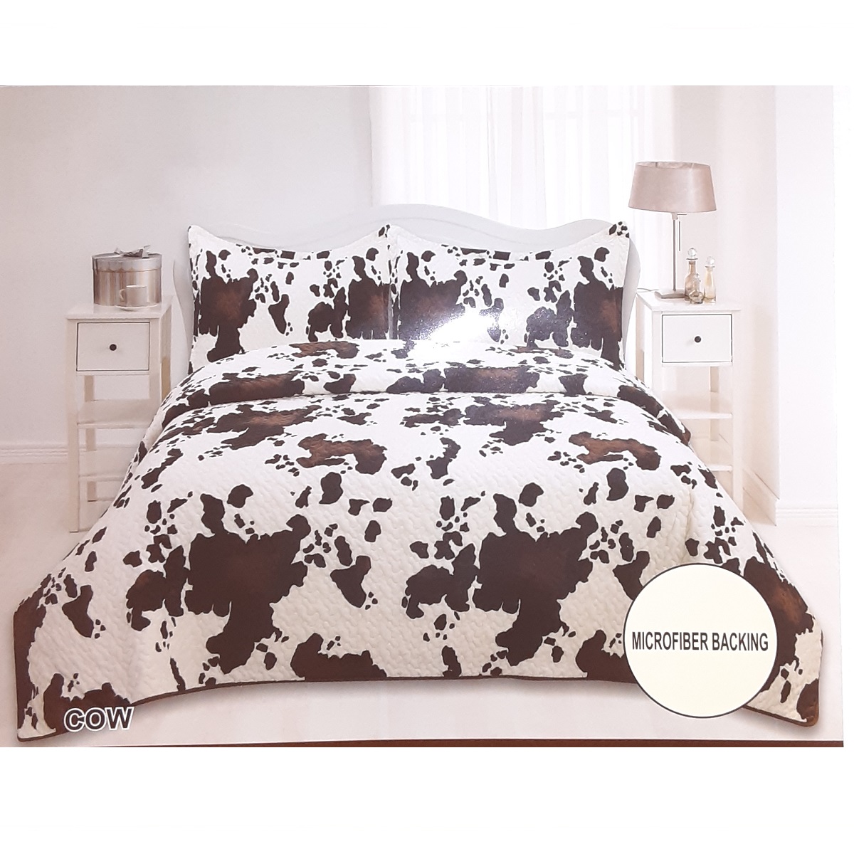 Western Design 3 Piece Quilted Bedspread Set, Cow Print Design