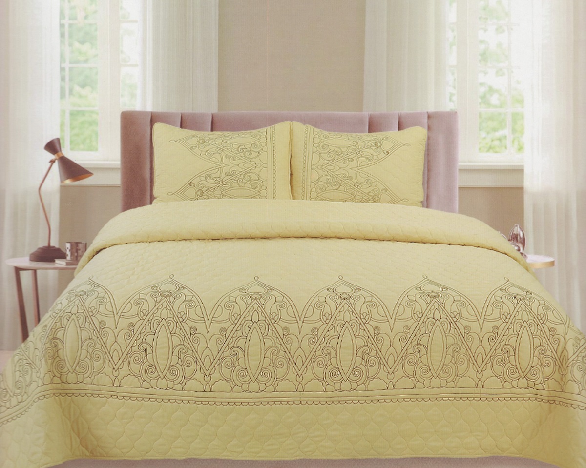 Sophisticated Quilted Bedspread Set - Cream Yellow Embroidered Design - 3 Piece Quilt Set - Queen & King Size
