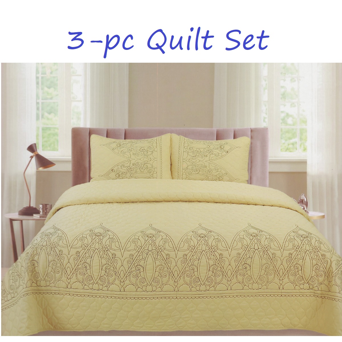 Sophisticated Quilted Bedspread Set - Cream Yellow Embroidered Design - 3 Piece Quilt Set - Queen & King Size