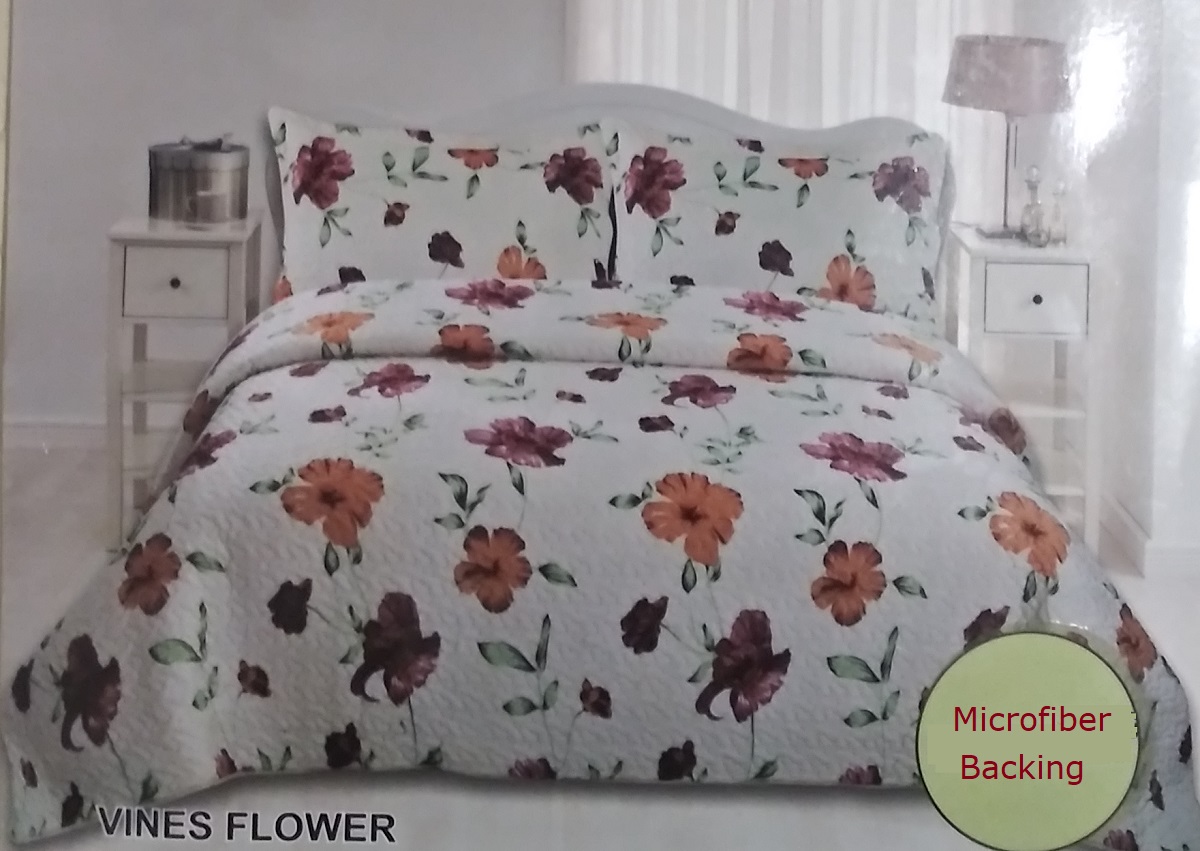Floral Quilted Bedspread Set - 3 Piece Quilt Set - Queen & King Size -  Luxury Velvet Bedspread in Floral Design