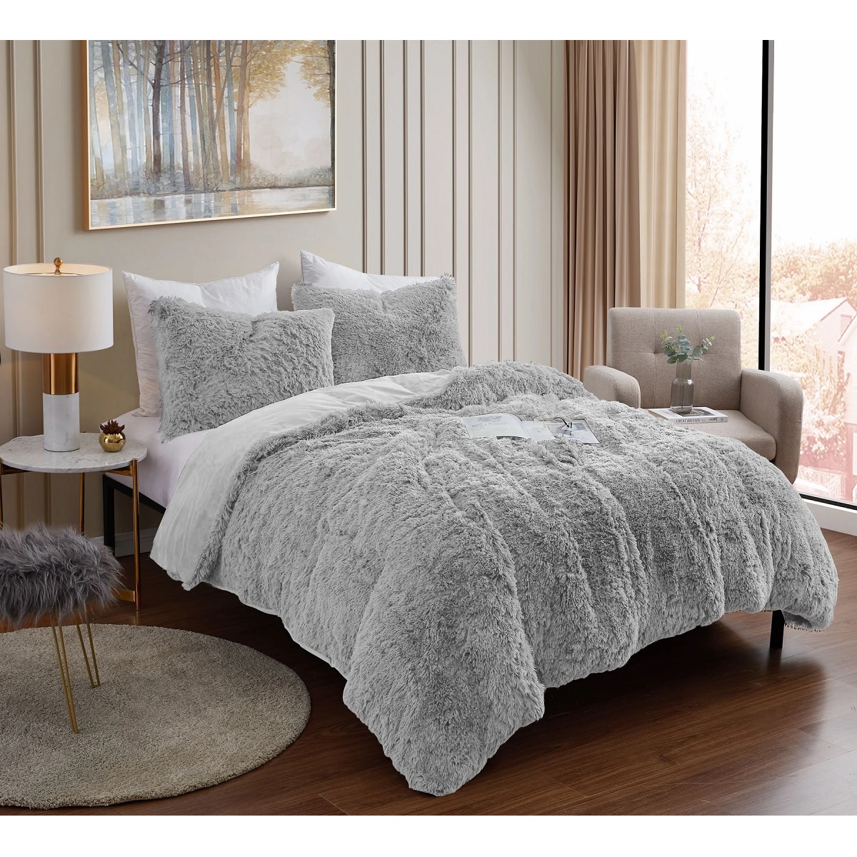 Shaggy Plush Faux Fur 3-Piece Comforter Set - Silver Gray