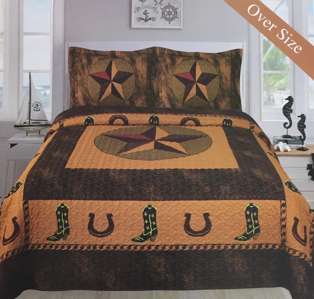 Western Design 3 Piece Quilted Bedding Set. King Size - Gold Stars, Cowboy Boots and Horseshoes