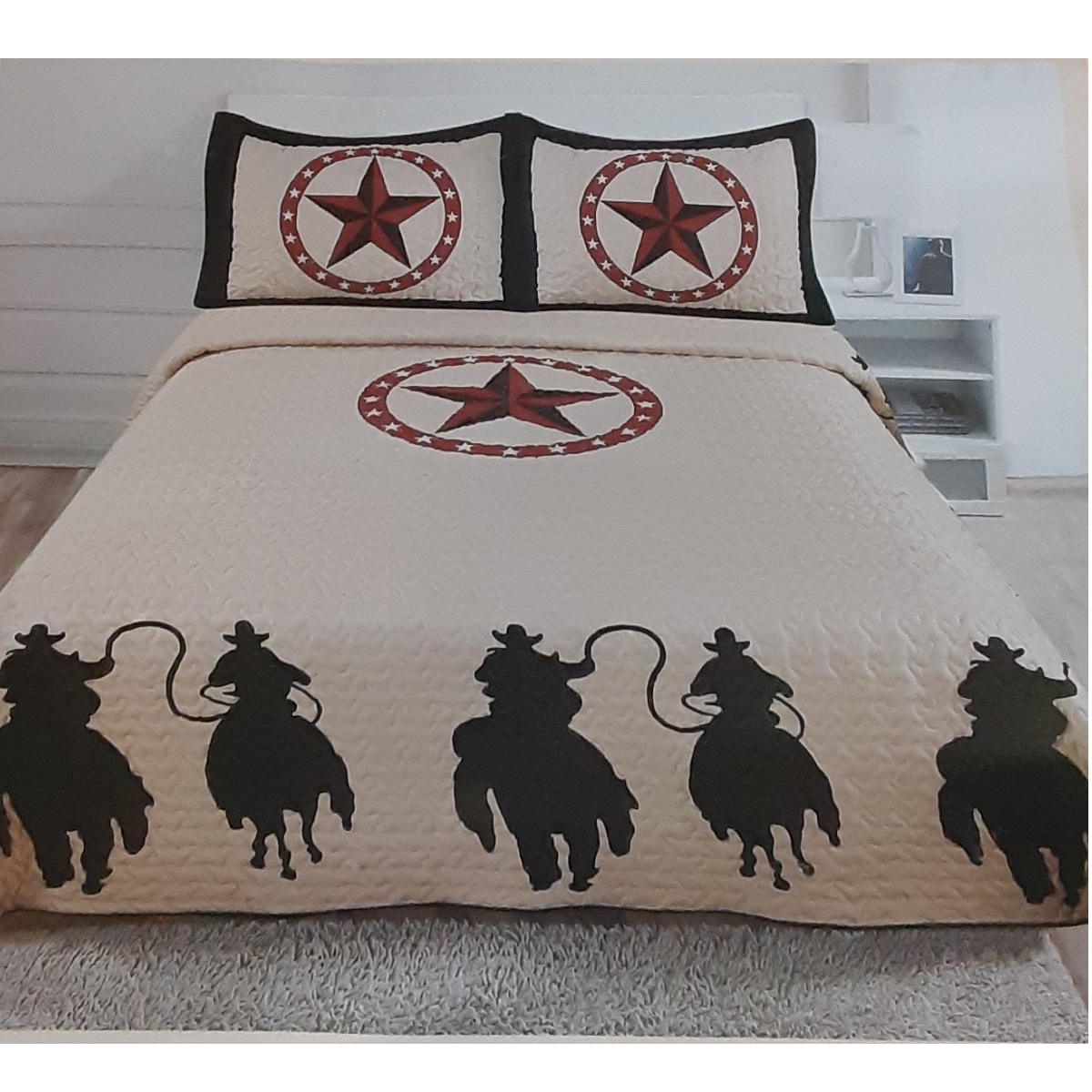 Western Design 3 Piece Quilted Bedspread Set Stars and Cowboys on horseback