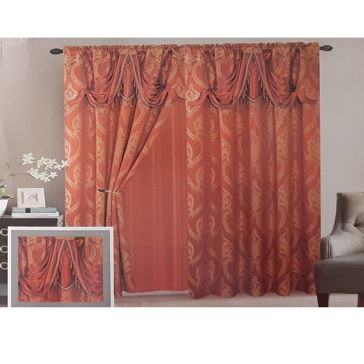 Windows Curtain Set Rust and Gold Drapes Bright curtains with liner and valance 