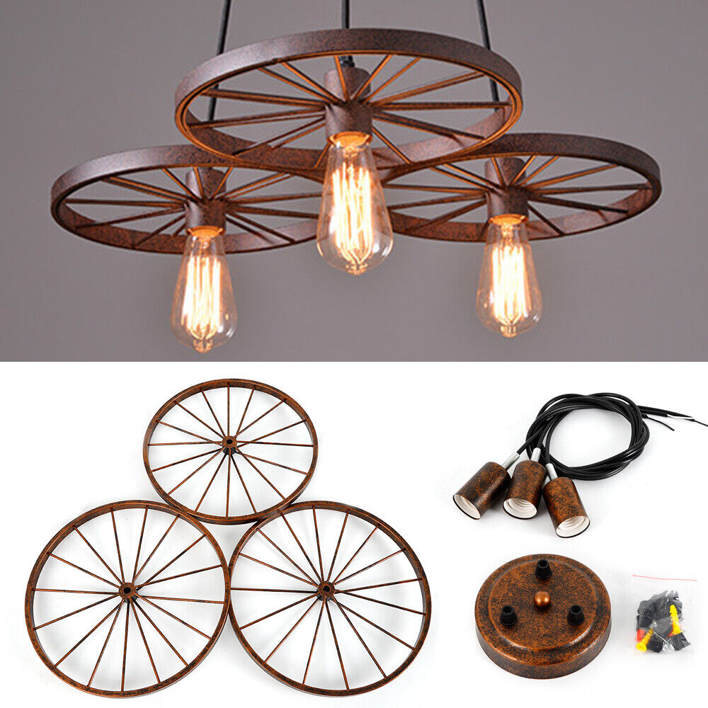 Rustic 3 Bulb Wagon Wheel Chandelier. Popular in Bars, Hotels, Restaurants, Cafes, Showrooms, Offices and Homes for a Rustic Farmhouse Look.