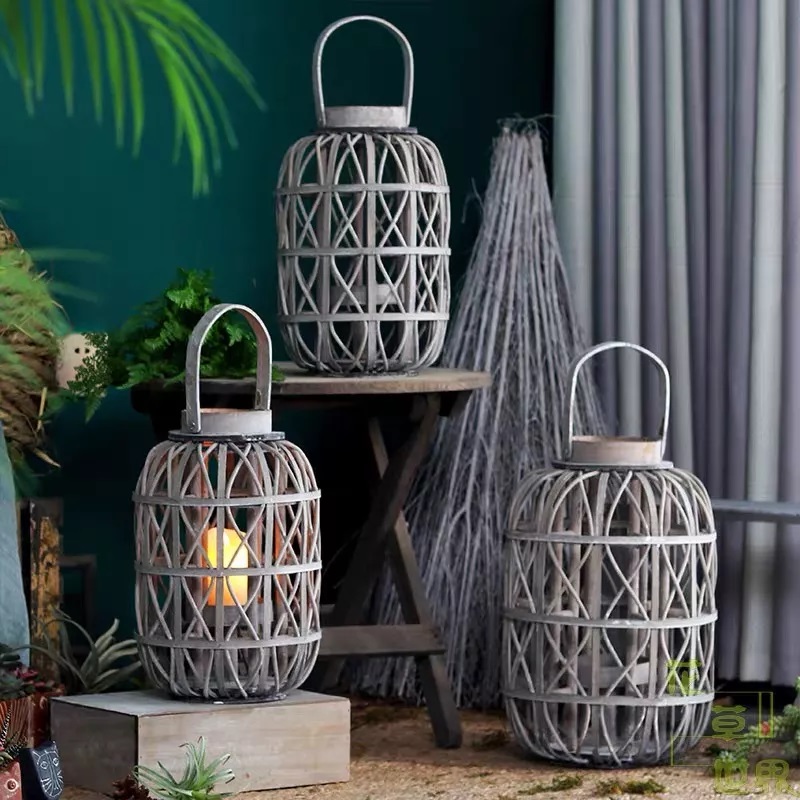Large Rustic Wooden Lantern - Woven Willow with Wooden Handle - 
