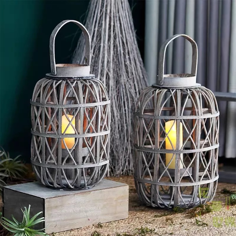 Large Rustic Wooden Lantern - Woven Willow with Wooden Handle - 