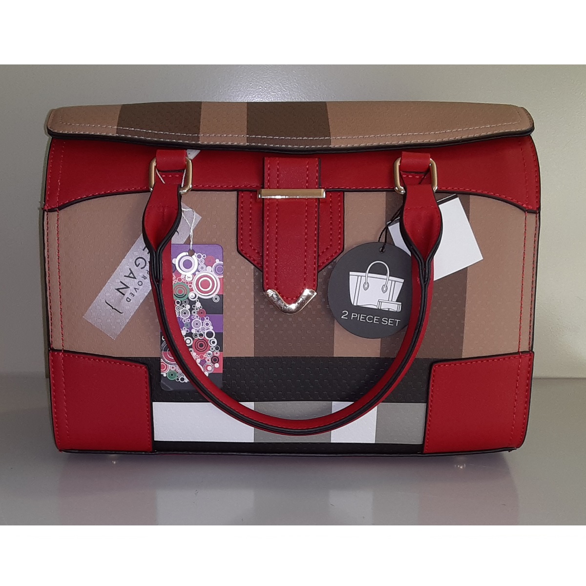 Red & Brown Handbag - 2-Piece Set Vegan Leather handbag with smaller companion bag