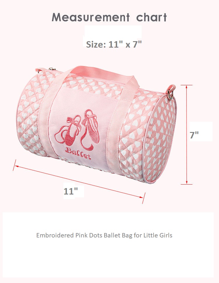 Pink Ballet Bag for Girls. Embroidered Pink Dots Ballet Bag for Little Girls. Zippered main compartment, front pocket, handles and removable shoulder strap