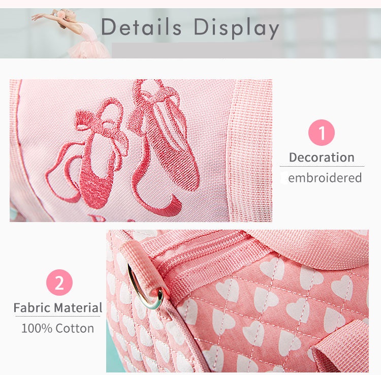 Pink Ballet Bag for Girls. Embroidered Pink Dots Ballet Bag for Little Girls. Zippered main compartment, front pocket, handles and removable shoulder strap