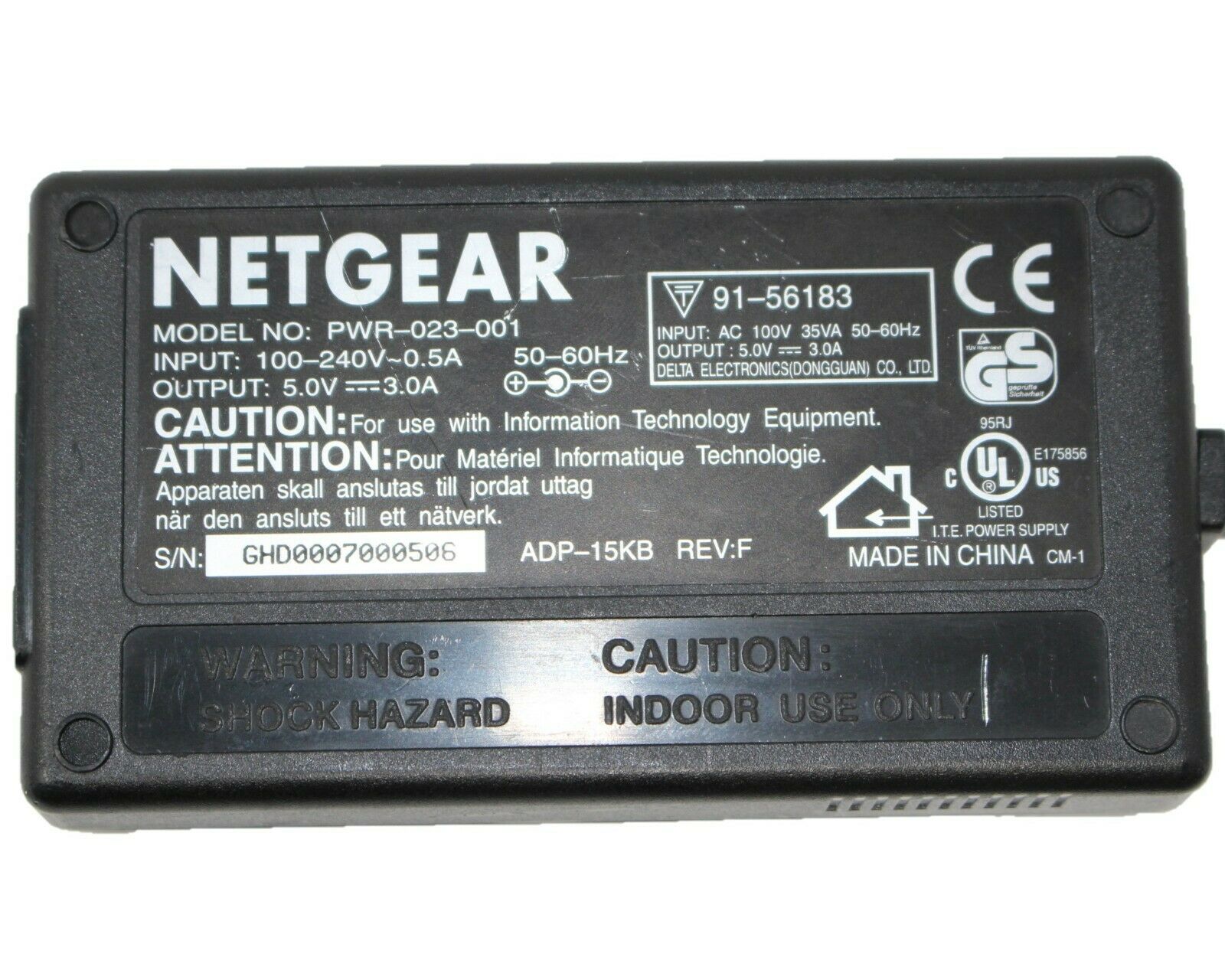 Netgear PWR-023-001 AC Adapter Delta ADP-15KB Rev: F Output 5V 3A barrel connector