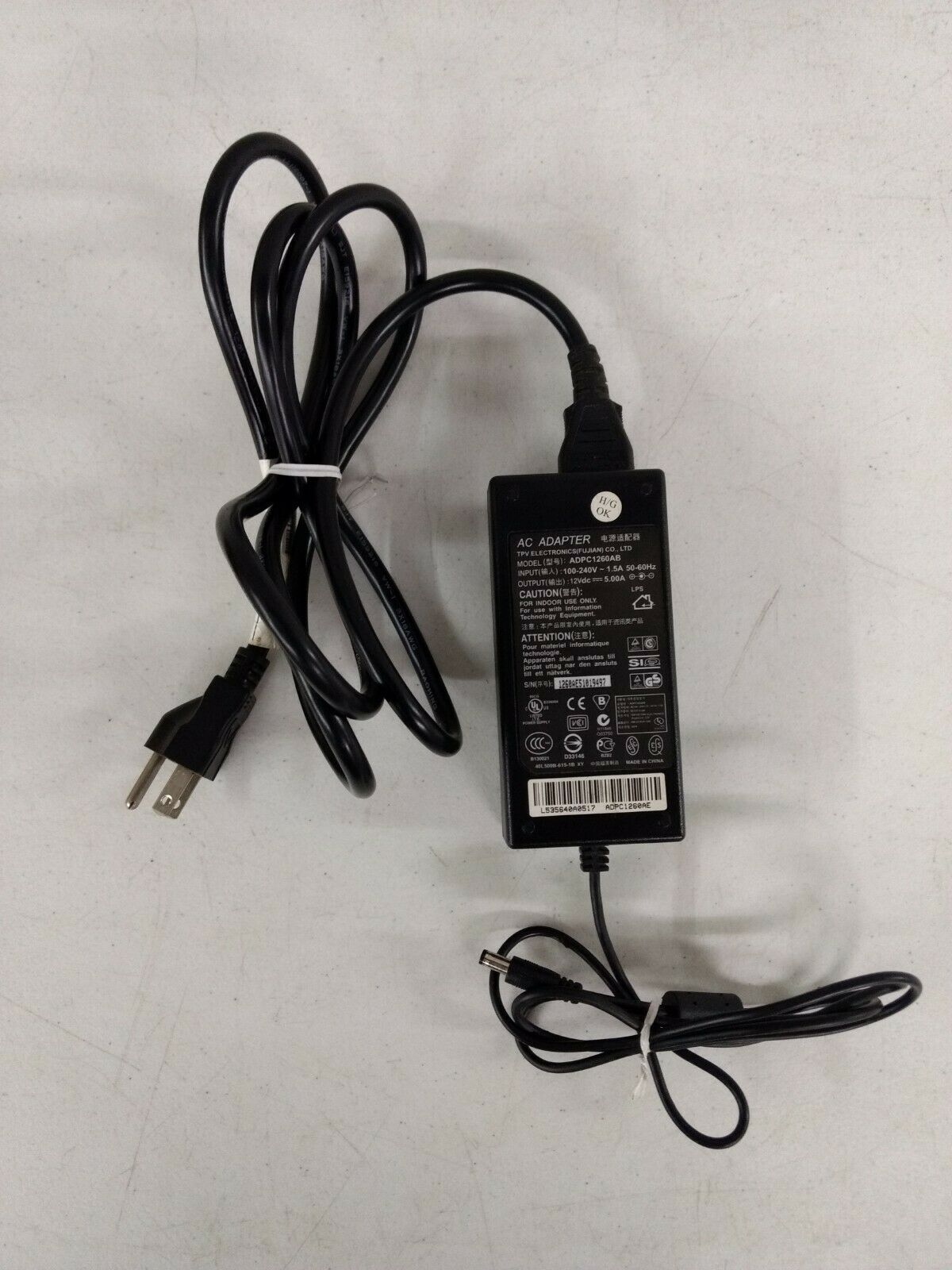 TPV ADPC1260AB AC Adapter 12Vdc 5.0A Barrel connector