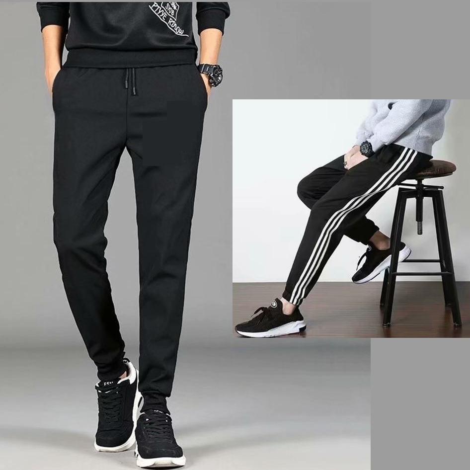 Black Casual Pants for men with side stripes Elastic Waist and draw cord with cuffed leg + side pockets