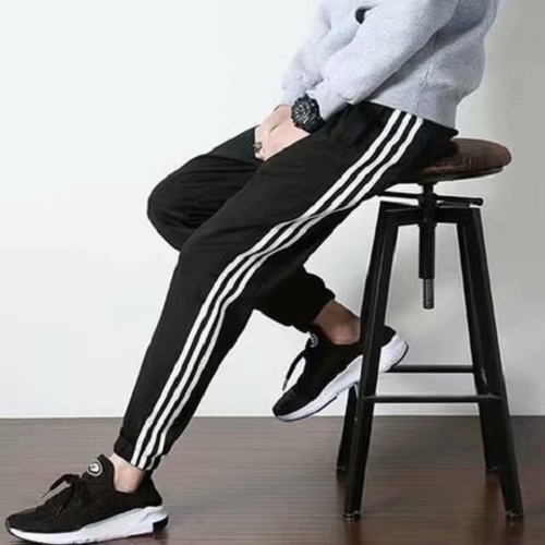 Black Casual Pants for men with side stripes Elastic Waist and draw cord with cuffed leg + side pockets