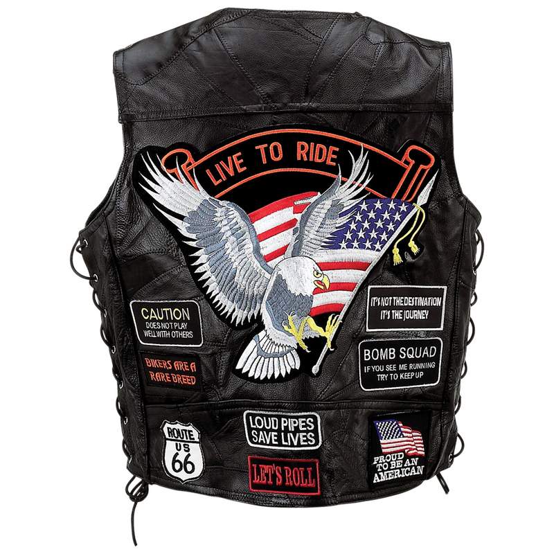 Genuine Buffalo Leather Vest featuring 14 Embroidered Cloth Patches
