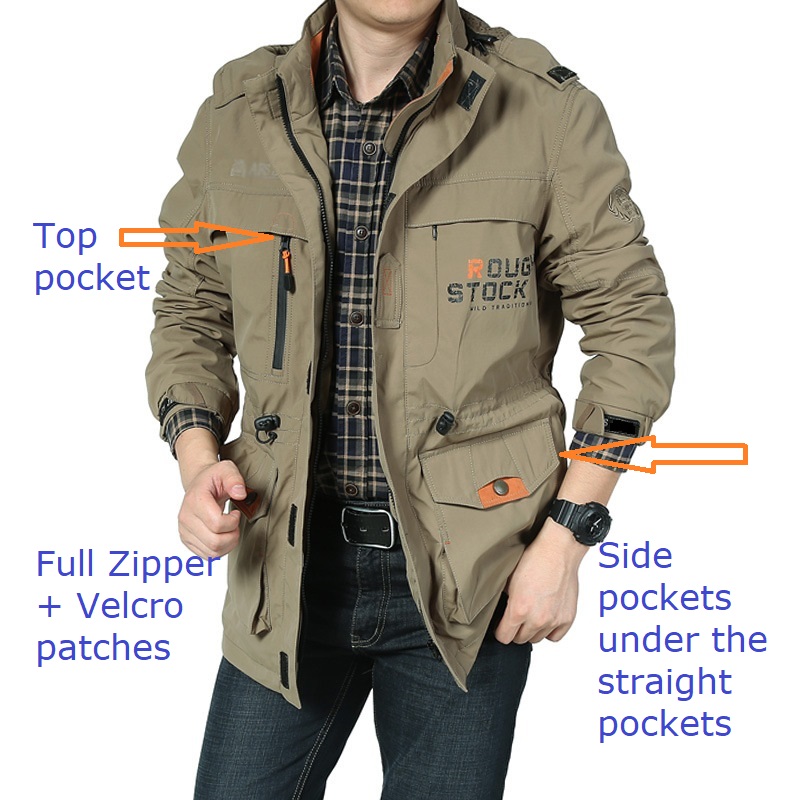 Men's Army Style Jacket - Khaki, Casual Outdoors Jacket, Water resistant, wind resistant with removable hoodie
