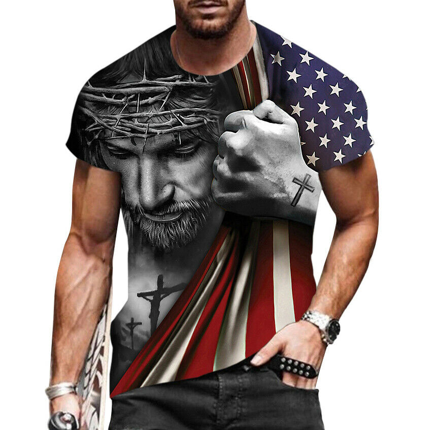 Men's Graphic T-Shirt- Crew Neck - Religious & Patriotic T-Shirt - Short Sleeve - Jesus - America and the Cross