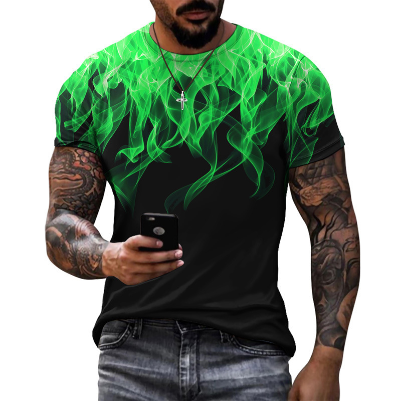 Men's Graphic T-Shirt - 3D Design Green Flames - Crew Neck -  Short Sleeve -