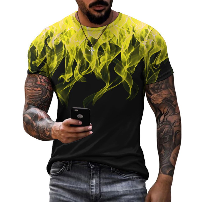 Men's Graphic T-Shirt - 3D Design Yellow Flames - Crew Neck -  Short Sleeve -