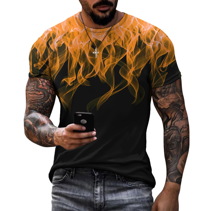 Men's Graphic T-Shirt - 3D Design Orange Flames - Crew Neck -  Short Sleeve -