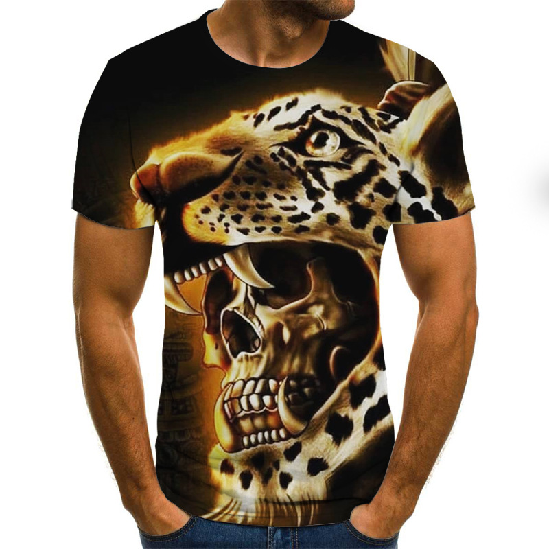 Men's Graphic T-Shirt - Leopard & Skull - Crew Neck -  Short Sleeve -