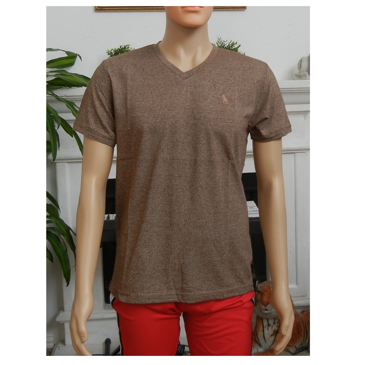 Men's T-Shirt, Short Sleeve V-Neck Cotton T-Shirt Basic Plain T-Shirt for men, Heather Brown