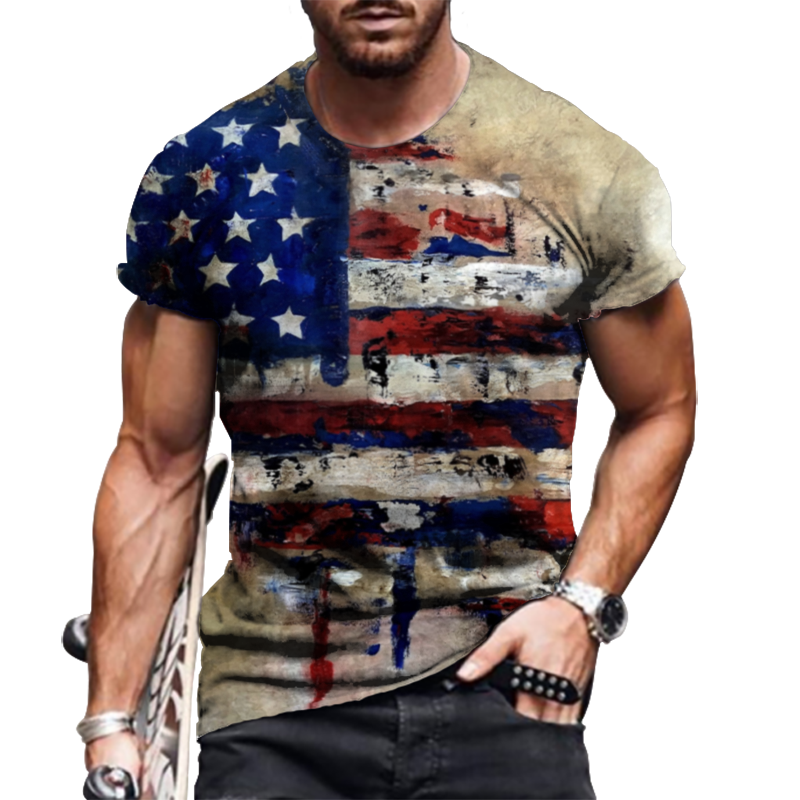 Men's T-Shirt USA Flag American Vintage Short Sleeve T-Shirt Tactical Patriot Tee