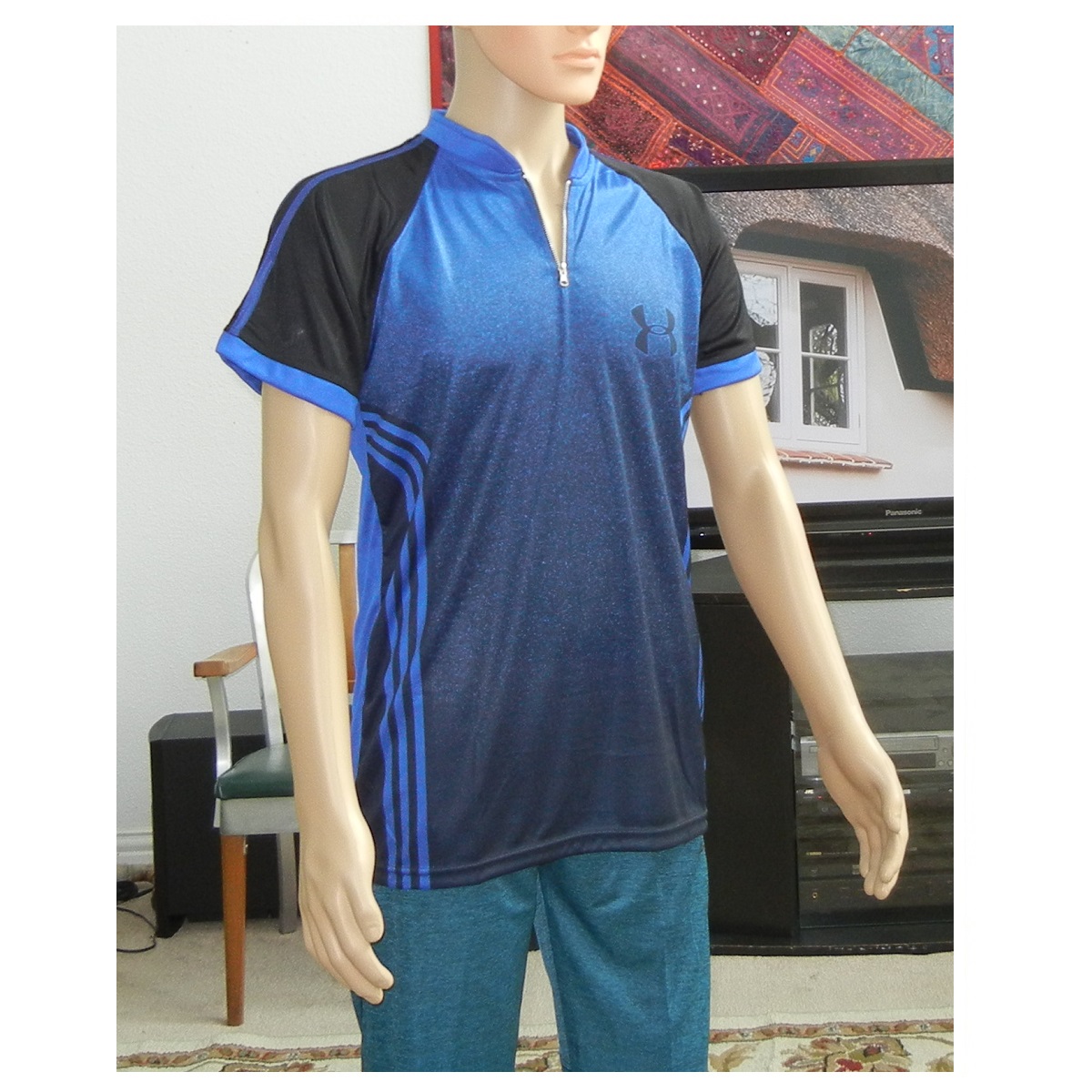 Sublimated T-Shirt for Men, Elegant Colorful gradient design with Stripes, blue and black