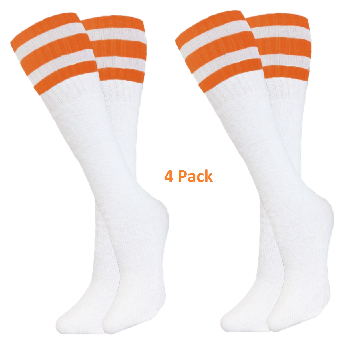 Baseball Softball Striped Tube Socks - White and Orange - set of 4 pairs