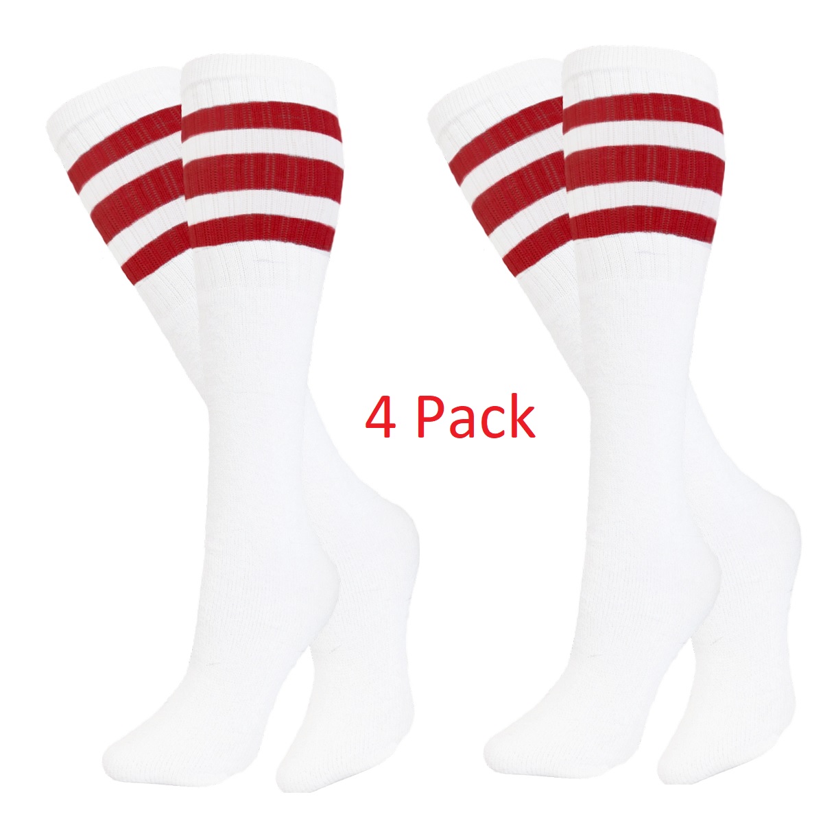 Baseball Softball Striped Tube Socks - White and Red - set of 4 pairs