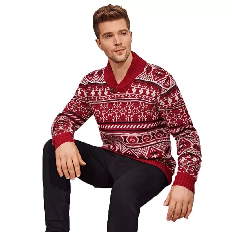 Red Christmas Sweater for Men Knitted Sweater - Full Sleeve - Turndown Collar