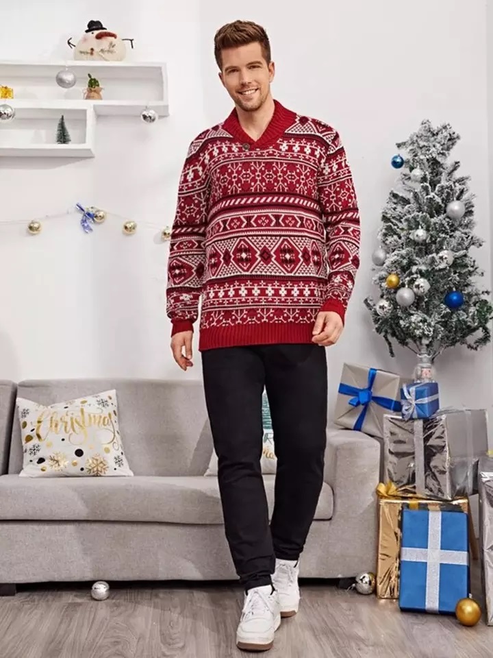 Red Christmas Sweater for Men Knitted Sweater - Full Sleeve - Turndown Collar