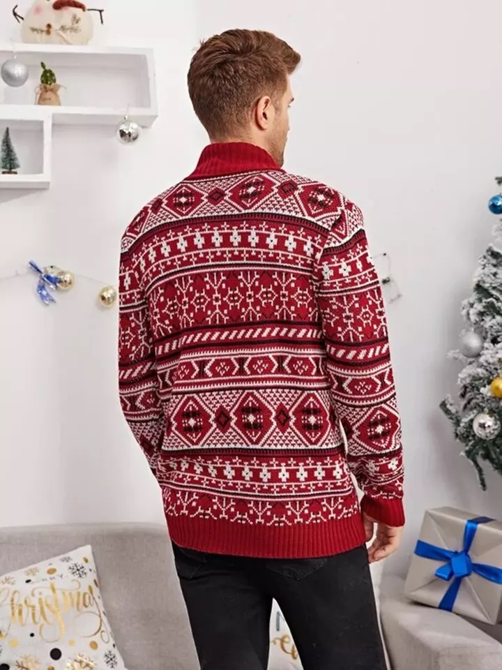 Red Christmas Sweater for Men Knitted Sweater - Full Sleeve - Turndown Collar