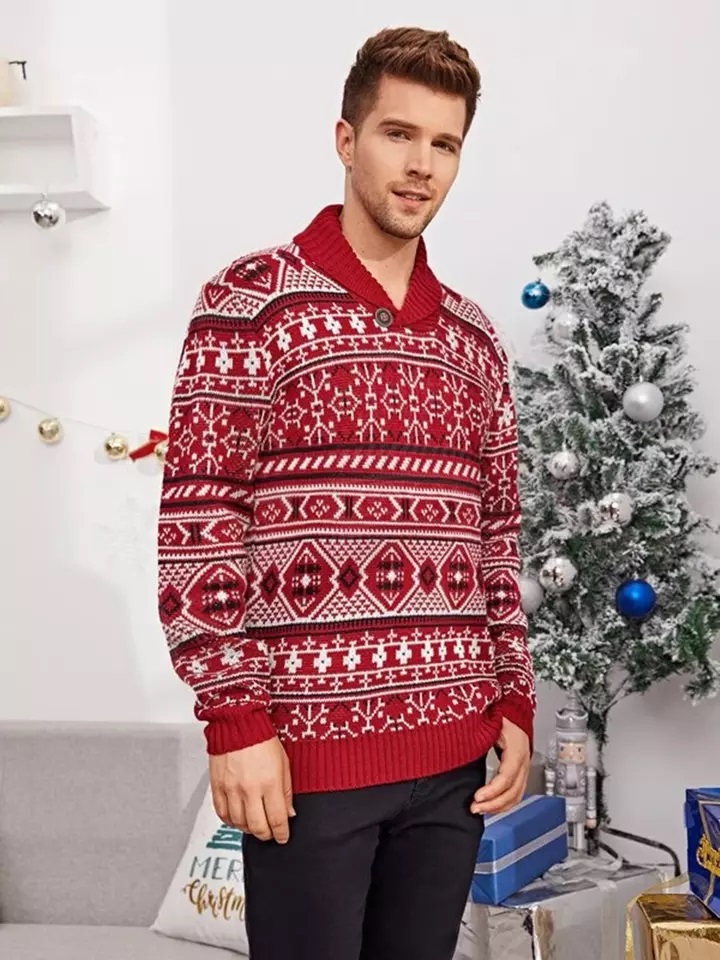 Red Christmas Sweater for Men Knitted Sweater - Full Sleeve - Turndown Collar