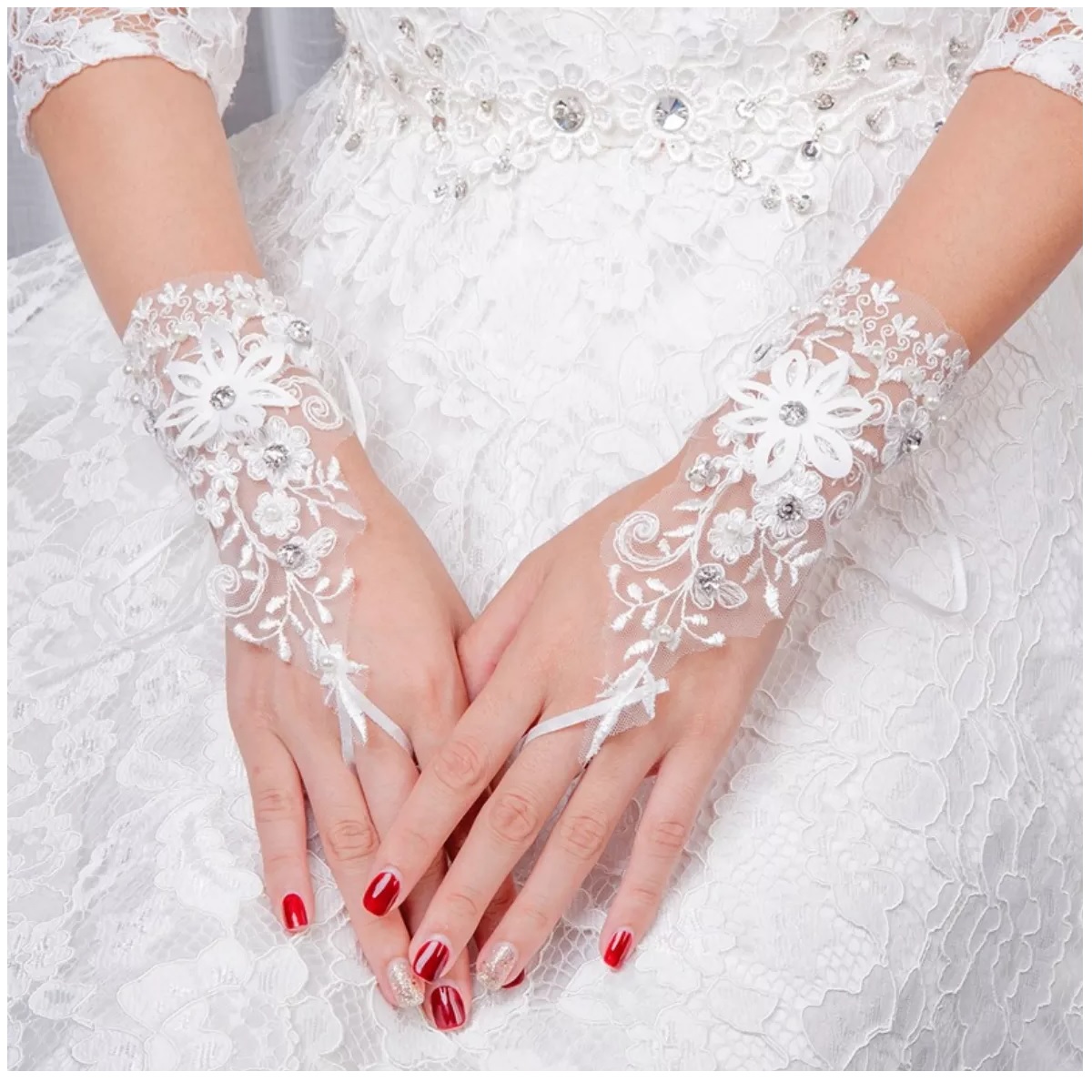 Embroidered Satin & Lace Bridal Gloves - Floral Lace Gloves studded with glittering crystals - White
