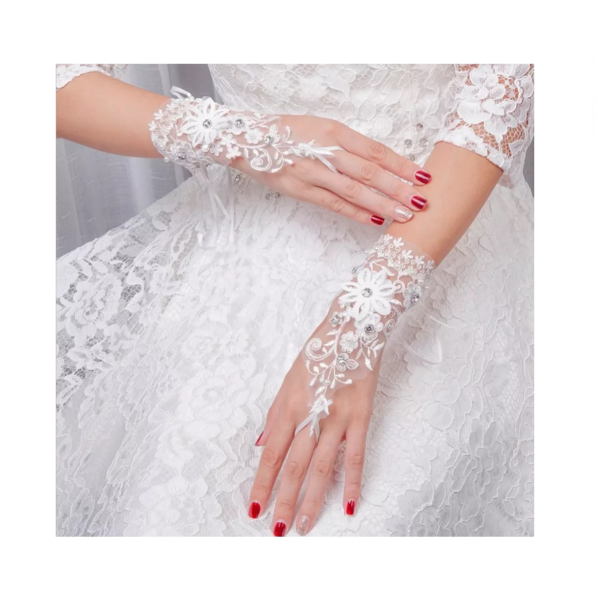 Embroidered Satin & Lace Bridal Gloves - Floral Lace Gloves studded with glittering crystals - White