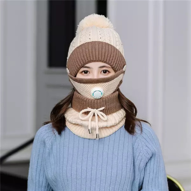 Pom Pom Beanie - Neck Scarf - Mask combo, 3 piece Set, Winter Cap + Neck Warmer Scarf + Mask + Breather Valve