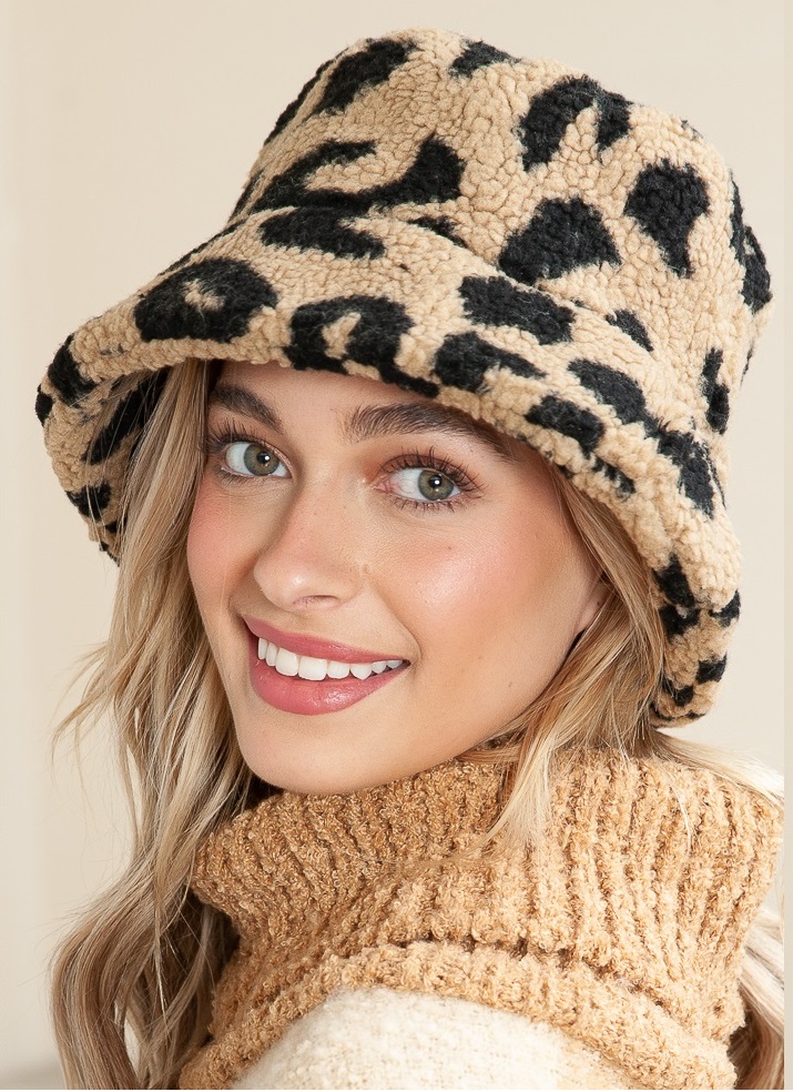 Leopard Print Hat with Sherpa lining - tan and black