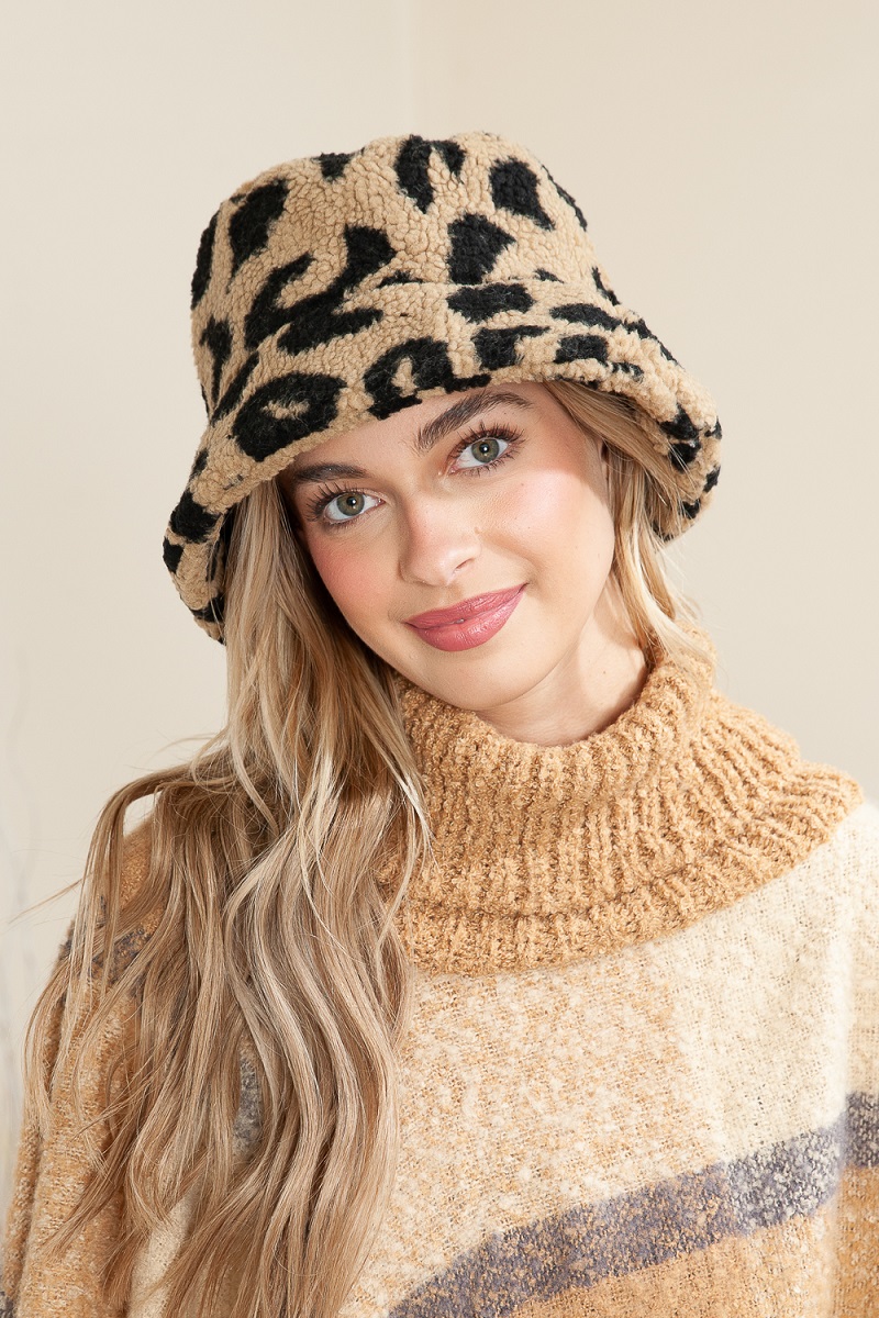 Leopard Print Hat with Sherpa lining - tan and black