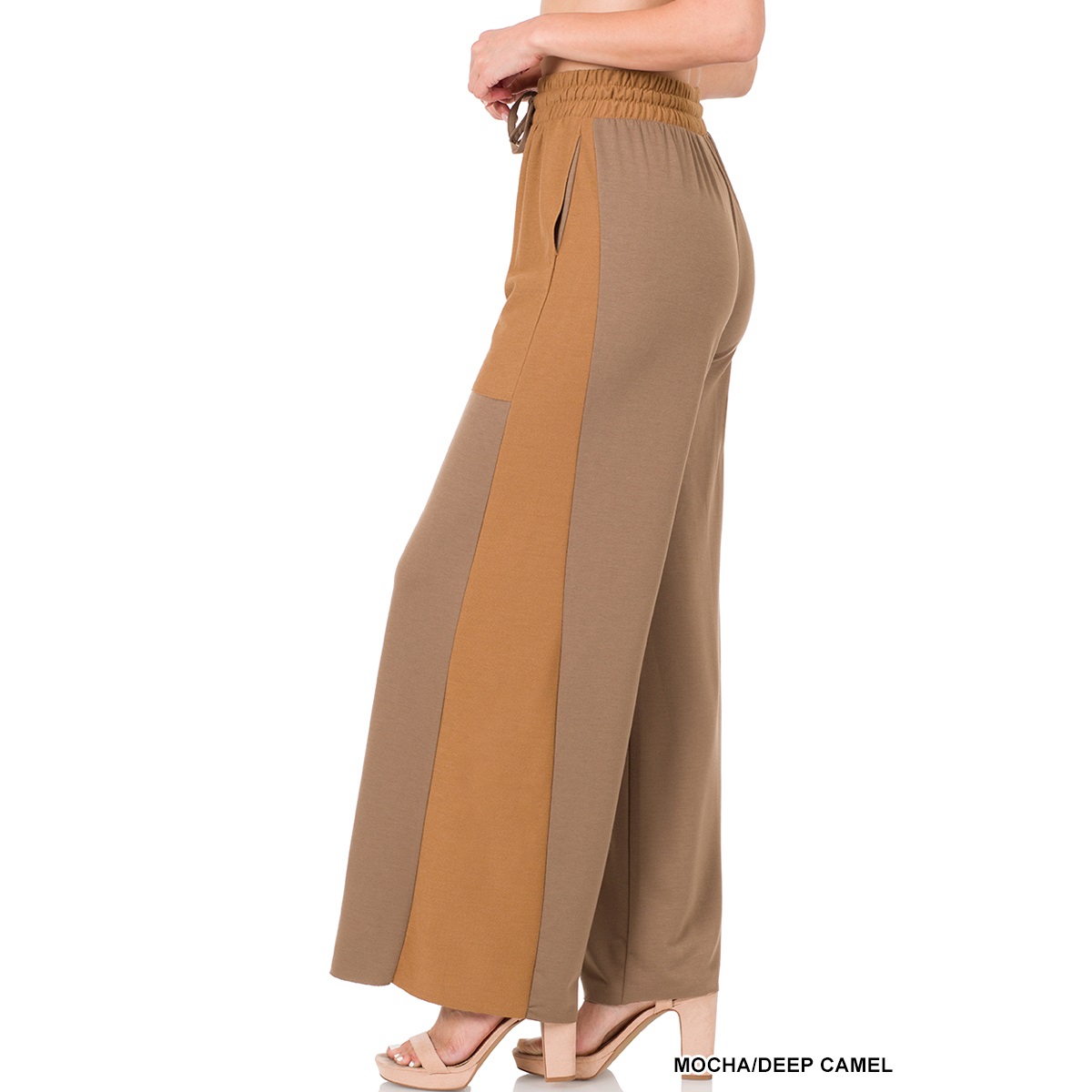 Soft French Terry Two Tone Wide Leg Pants Side pockets, elastic waist and draw cord