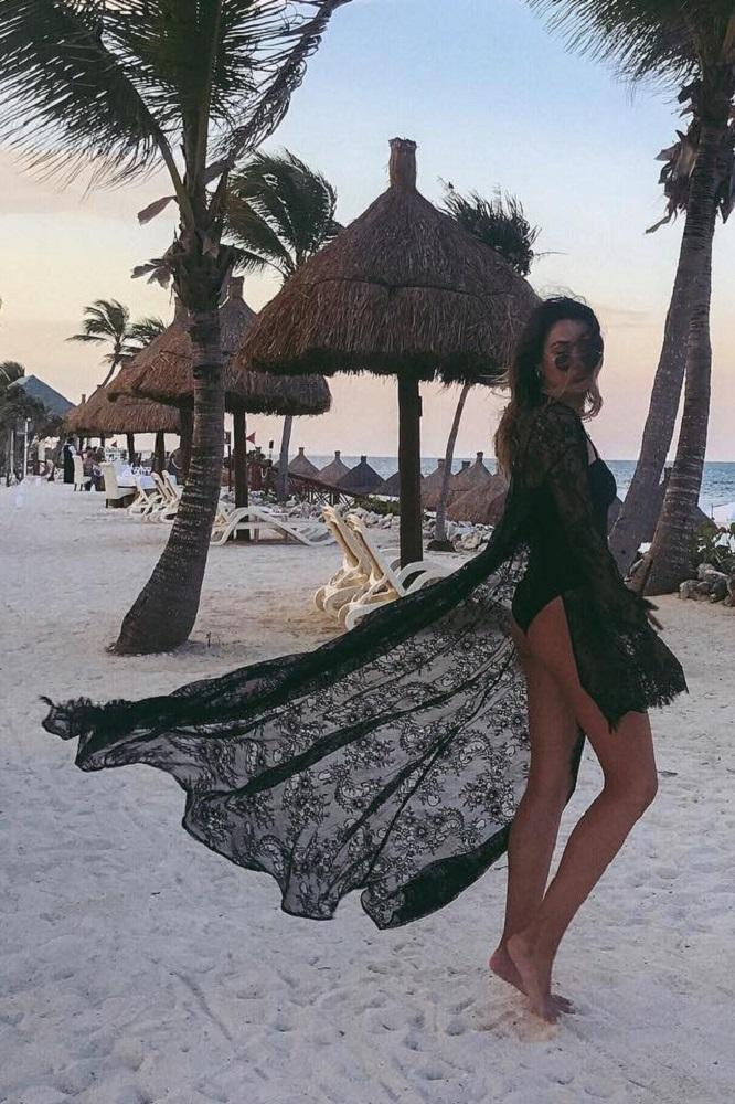 Black BOHO beach dress Long maxi robe swimwear bikini cover up V-Neck Long Tunic Pareo Wrap Dress