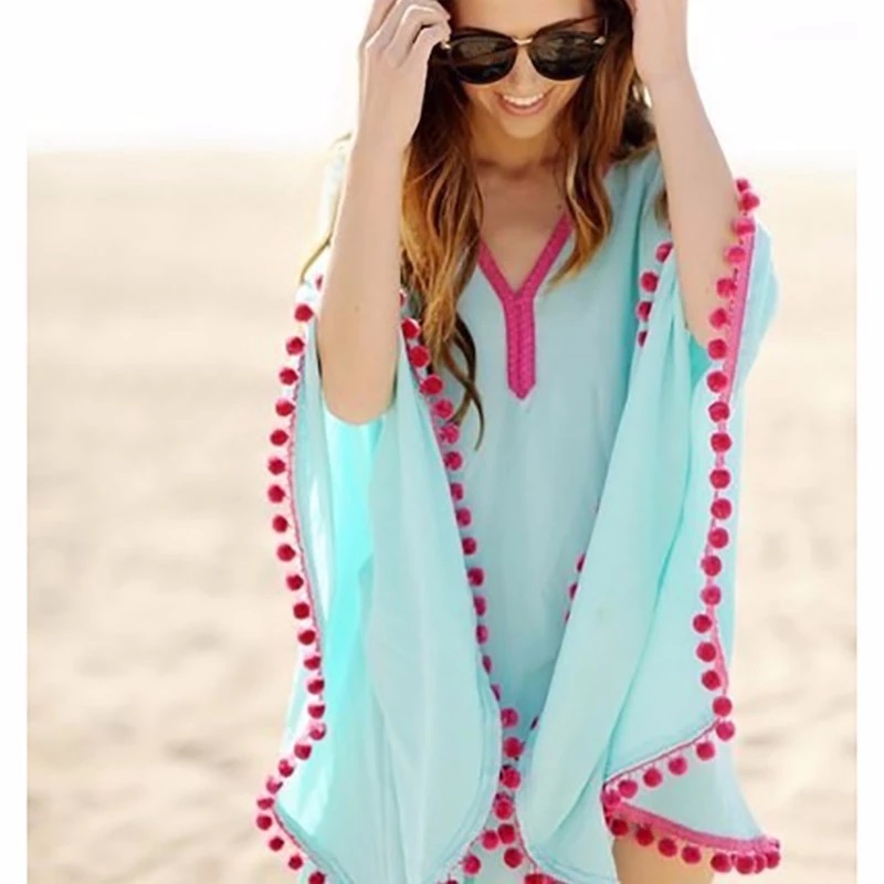 Blue Chiffon Beach Cover Up Dress, Short, Tunic Pareo, Swim Bikini Cover Up Beachwear with tassels