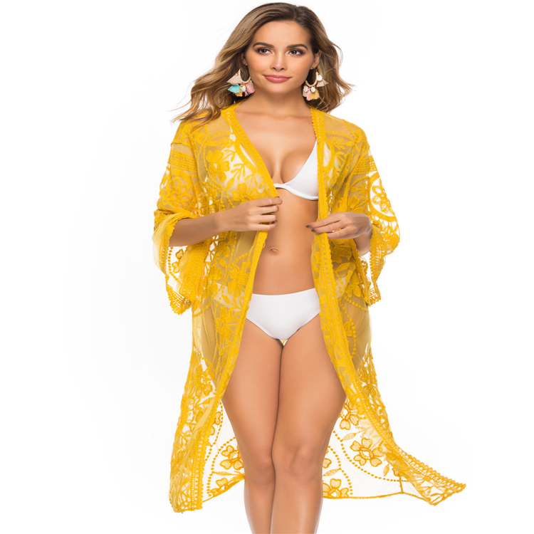 Yellow Lace Beach Cover Up Dress, Long Tunic Pareo, Swim Bikini Cover Up Robe Beachwear