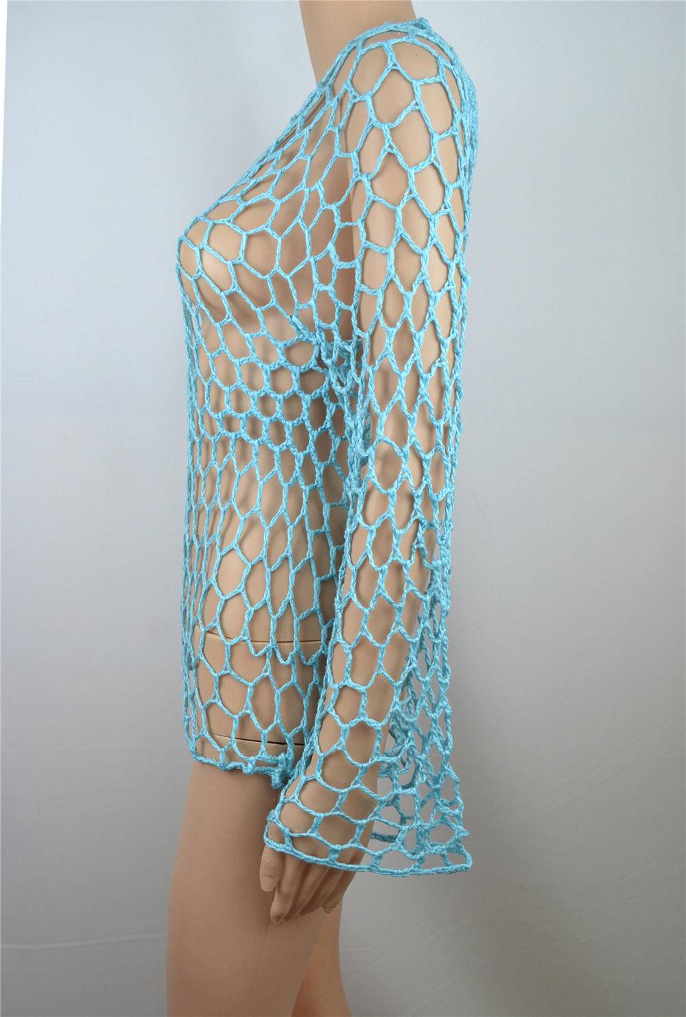 Blue Fishnet Crochet Beach Cover Up Dress, Short, Tunic Pareo, Swim Bikini Cover Up Beachwear
