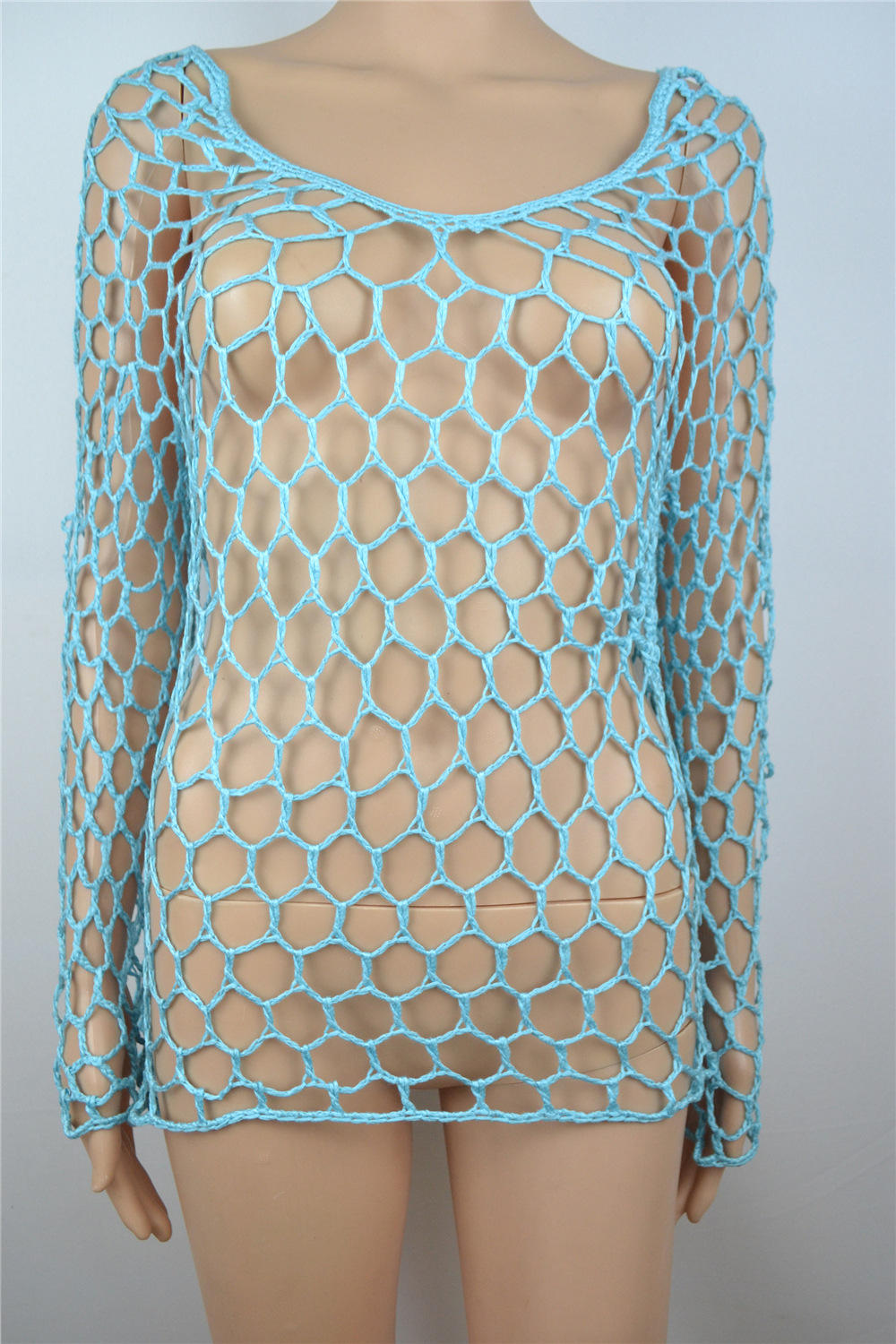 Blue Fishnet Crochet Beach Cover Up Dress, Short, Tunic Pareo, Swim Bikini Cover Up Beachwear