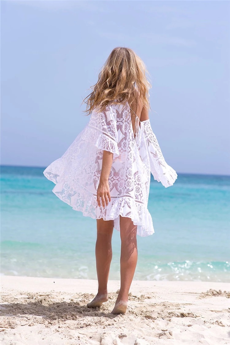 White Crochet Beach Cover Up Dress, Long Tunic Pareo, Swim Bikini Cover Up Robe Beachwear