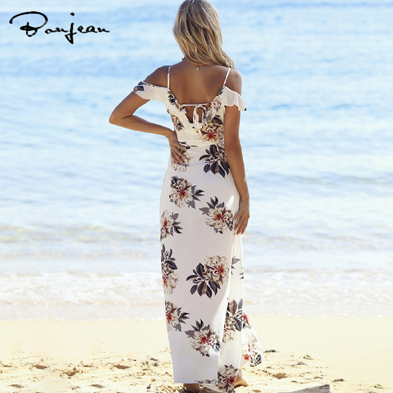 Sleeveless Off Shoulder Full Length Beachwear,  Cascading Ruffle Print Dress, Printed White Beach dress - Bikini cover up